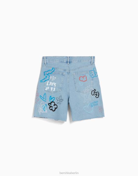 hellblau Bershka unisex Bedruckte Denim-Bermudashorts H00J4010