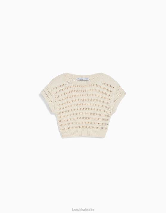Creme Bershka unisex Kurzärmliger, offener Strickpullover H00J3713