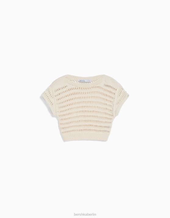 Creme Bershka unisex Kurzärmliger, offener Strickpullover H00J3714