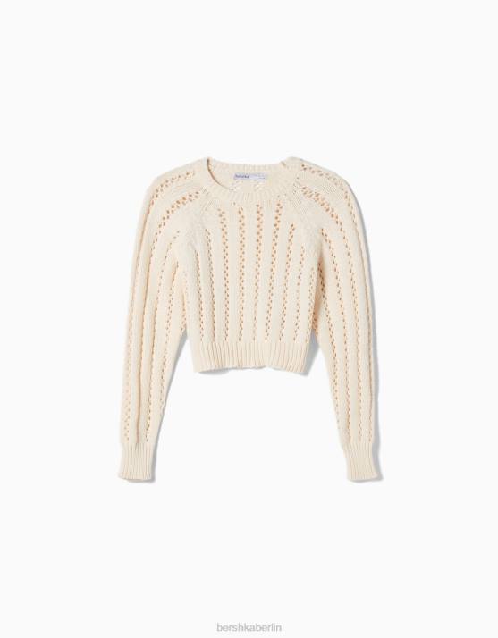 Creme Bershka unisex Kurzer, offen gestrickter Pullover mit Rundhalsausschnitt H00J4146
