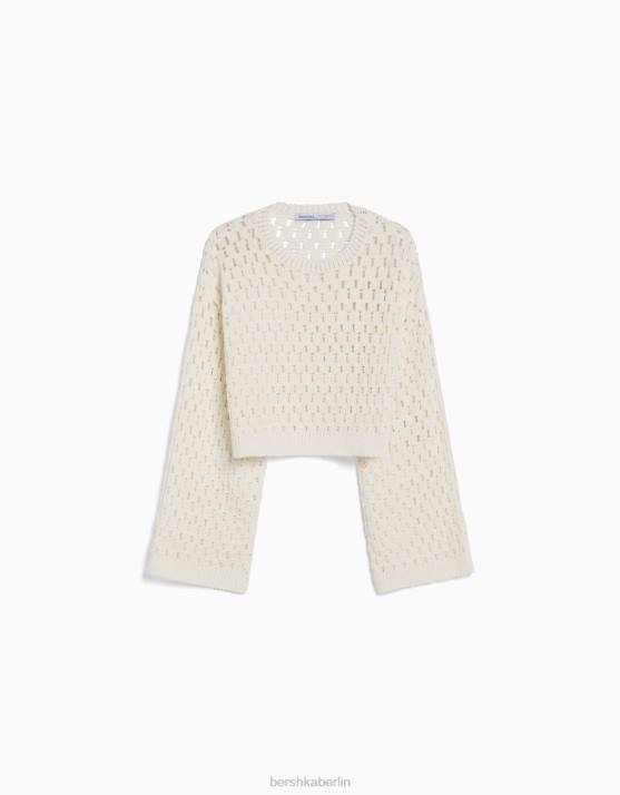 Creme Bershka unisex Offen gestrickter, rustikaler Pullover mit Rundhalsausschnitt H00J4148