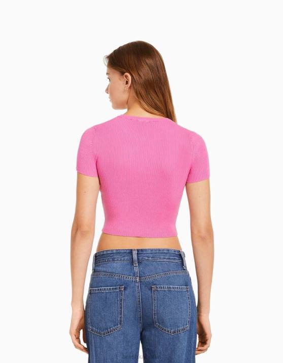 Rosa Bershka unisex Gerippter Kurzarmpullover H00J4120