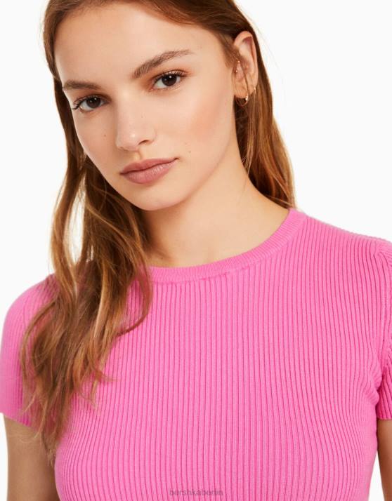 Rosa Bershka unisex Gerippter Kurzarmpullover H00J4120