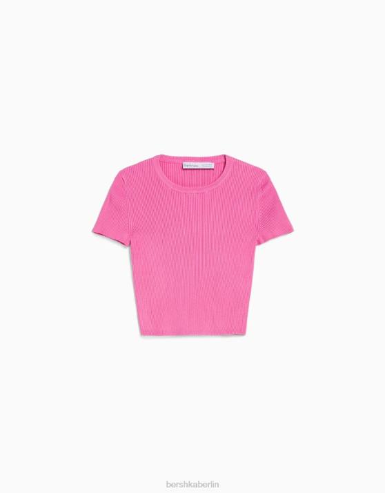 Rosa Bershka unisex Gerippter Kurzarmpullover H00J4120