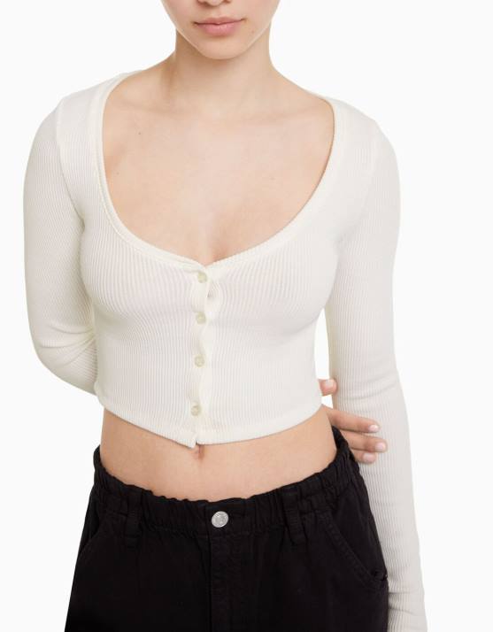 Weiss Bershka unisex Strickjacke mit Knöpfen H00J4141