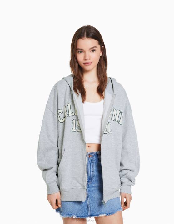 grau Bershka unisex Bedruckter, übergroßer Kapuzenpullover mit Reißverschluss H00J4135