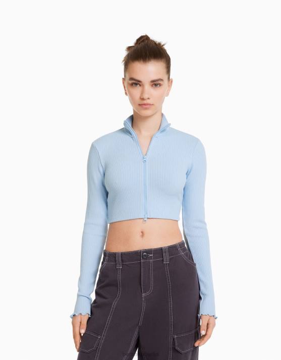 hellblau Bershka unisex Kurzer Cardigan mit hohem Kragen und Reißverschluss H00J4145
