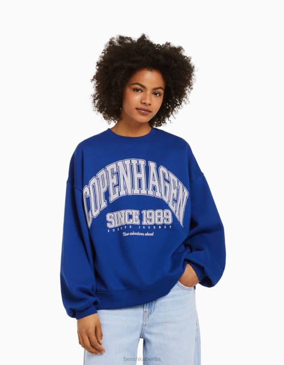 Blau Bershka unisex Übergroßes bedrucktes Sweatshirt H00J4115