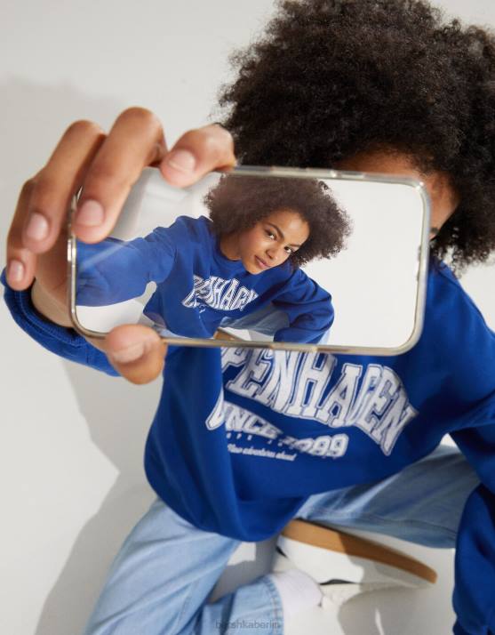 Blau Bershka unisex Übergroßes bedrucktes Sweatshirt H00J4115