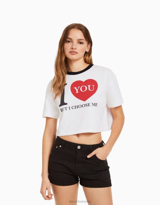 Creme Bershka unisex Kurzärmliges, kurzärmliges, bedrucktes Sweatshirt H00J4136