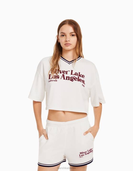 Creme Bershka unisex Kurzarm-Sweatshirt mit V-Ausschnitt und Aufdruck H00J4114