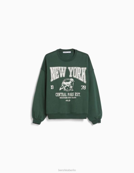 Grün Bershka unisex Übergroßes bedrucktes Sweatshirt H00J4119