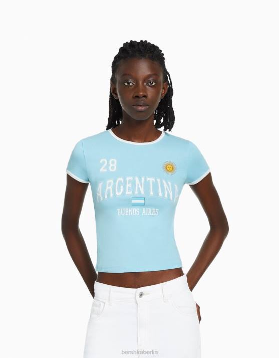 Blau Bershka unisex Kurzarm-T-Shirt mit Aufdruck H00J3736