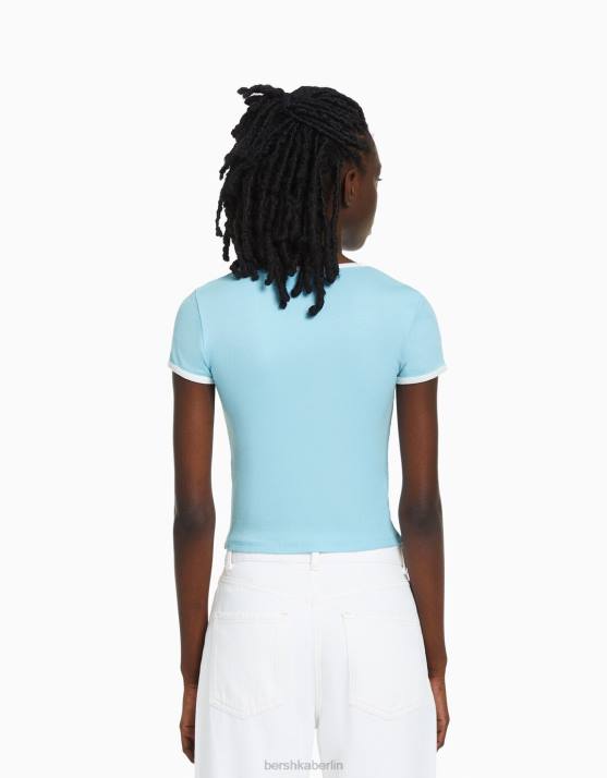 Blau Bershka unisex Kurzarm-T-Shirt mit Aufdruck H00J3736