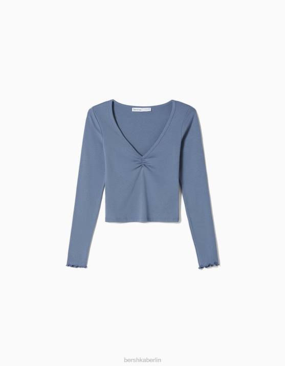 Blau Bershka unisex Langarm-T-Shirt mit gerafftem V-Ausschnitt H00J3838