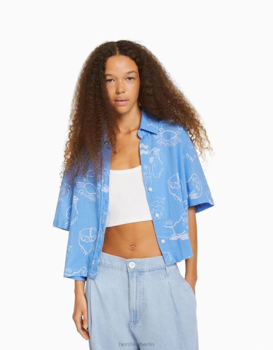 Blau Bershka unisex Strukturiertes, rustikales Hemd mit kurzen Ärmeln H00J3793