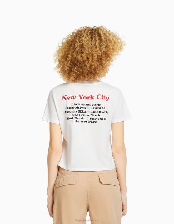 Creme Bershka unisex Kurzarm-T-Shirt mit Aufdruck H00J3743