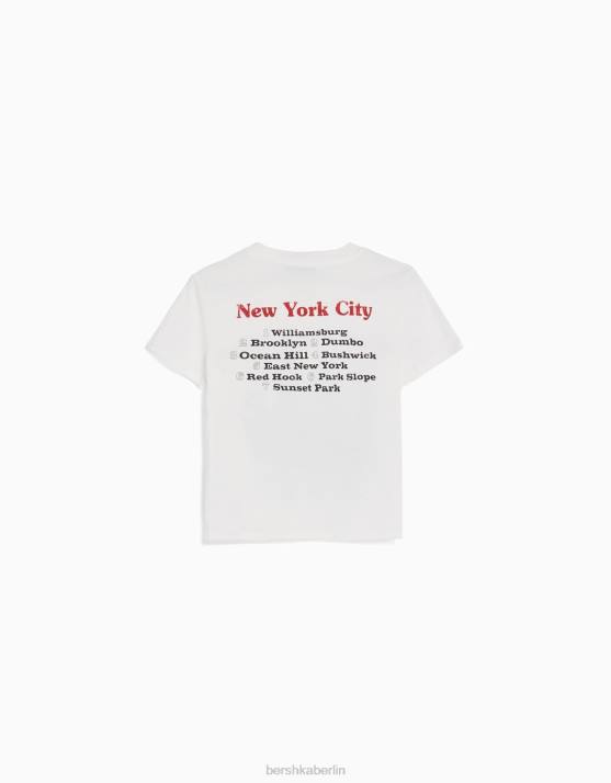 Creme Bershka unisex Kurzarm-T-Shirt mit Aufdruck H00J3743