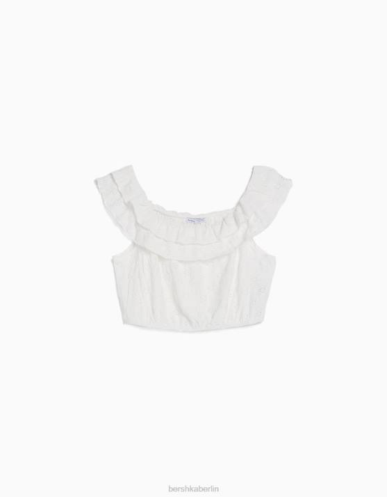 Creme Bershka unisex Schulterfreies Oberteil mit Schweizer Stickerei H00J3802