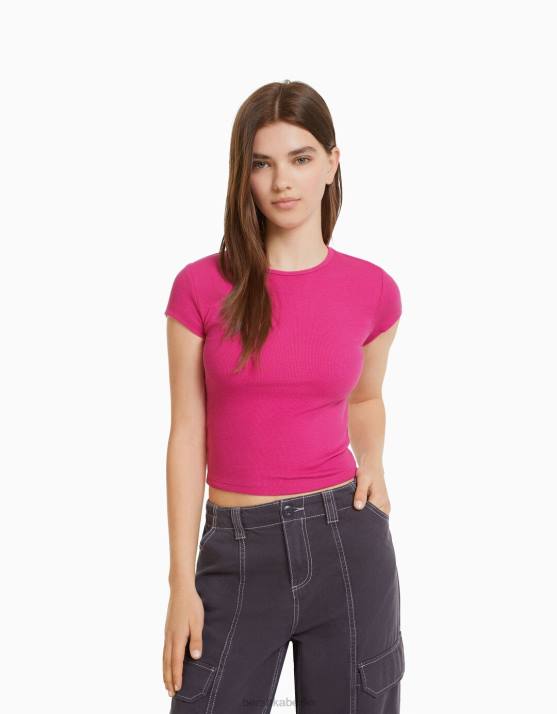 Fuchsie Bershka unisex Geripptes Kurzarm-T-Shirt H00J3748