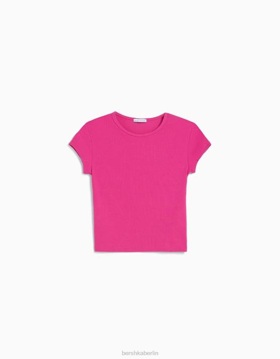 Fuchsie Bershka unisex Geripptes Kurzarm-T-Shirt H00J3748