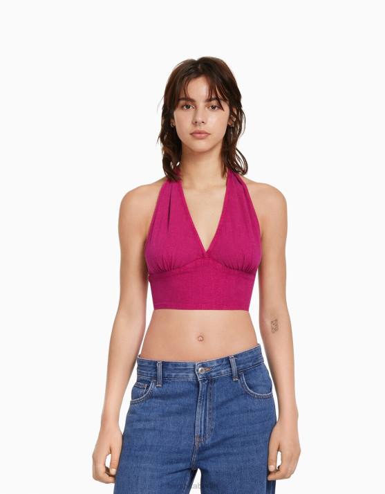 Fuchsie Bershka unisex Rustikales Crop-Top aus Leinenmischung H00J3771