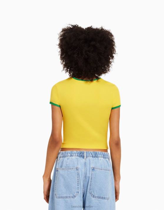 Gelb Bershka unisex Kurzarm-T-Shirt mit Aufdruck H00J3732