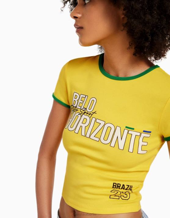 Gelb Bershka unisex Kurzarm-T-Shirt mit Aufdruck H00J3732