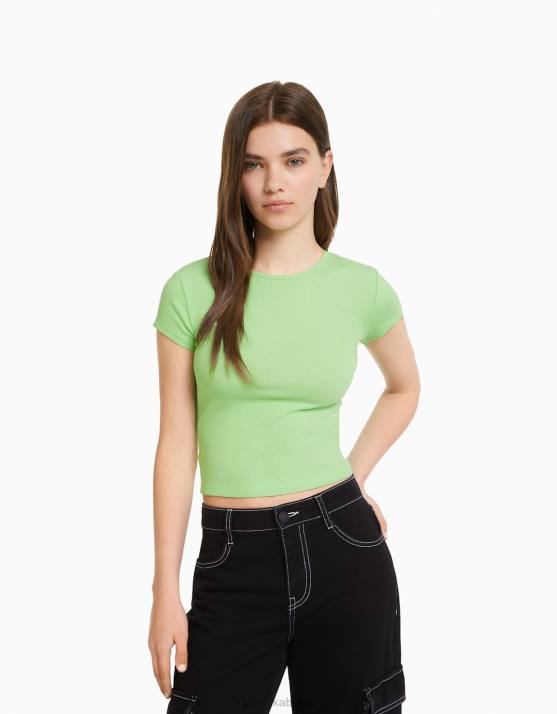 Grün Bershka unisex Geripptes Kurzarm-T-Shirt H00J3745