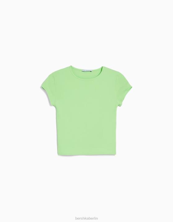 Grün Bershka unisex Geripptes Kurzarm-T-Shirt H00J3745