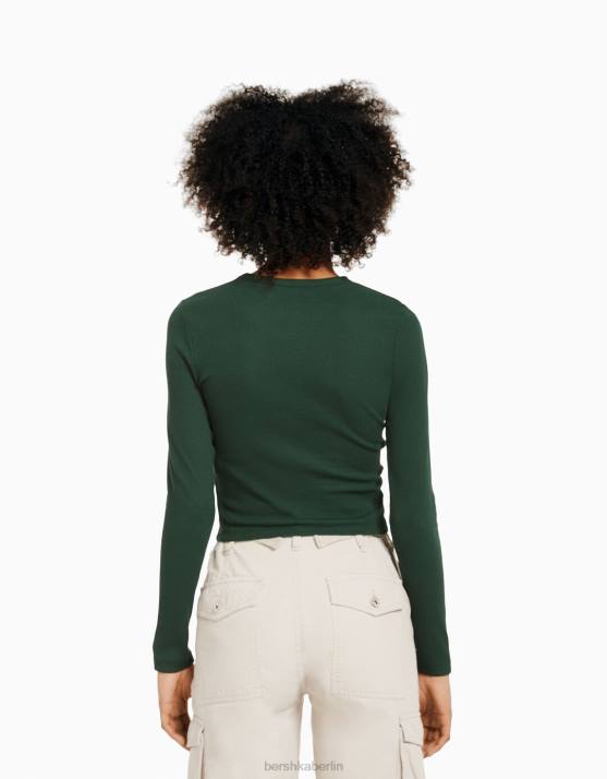 Grün Bershka unisex Geripptes Langarm-T-Shirt H00J3864