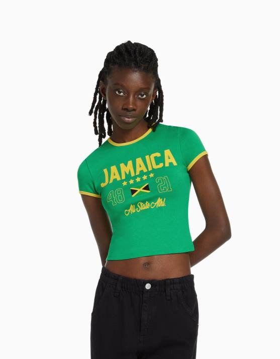 Grün Bershka unisex Kurzarm-T-Shirt mit Aufdruck H00J3733