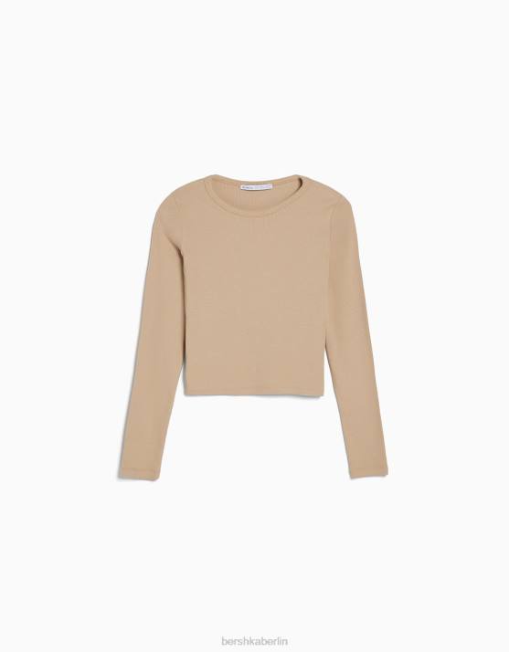Kamel Bershka unisex Geripptes Langarm-T-Shirt H00J3862