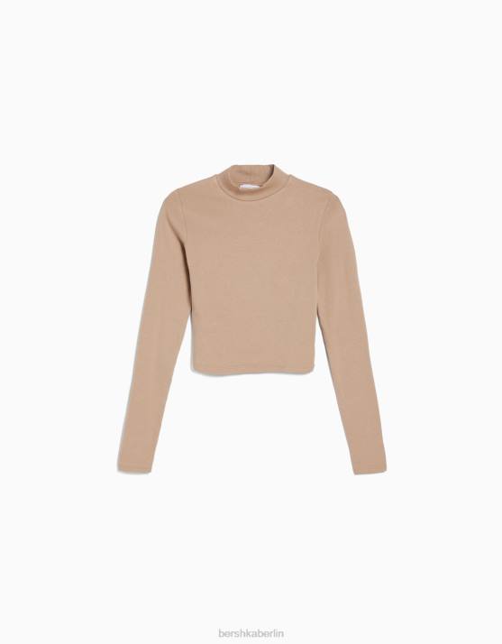 Kamel Bershka unisex Hochgeschlossenes, langärmliges T-Shirt H00J3821