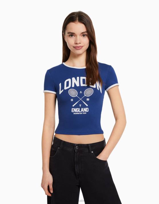 Marine Bershka unisex Kurzarm-T-Shirt mit Aufdruck H00J3737