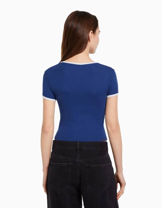 Marine Bershka unisex Kurzarm-T-Shirt mit Aufdruck H00J3737