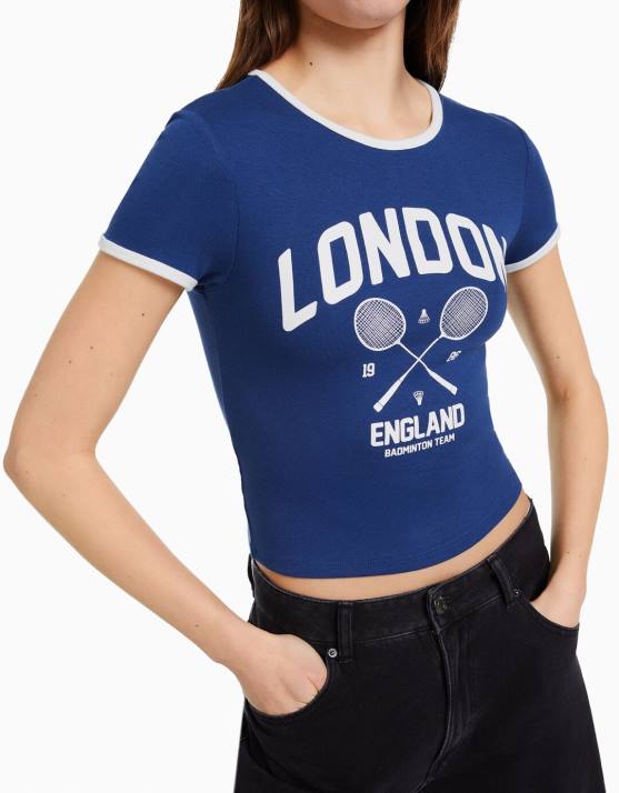 Marine Bershka unisex Kurzarm-T-Shirt mit Aufdruck H00J3737