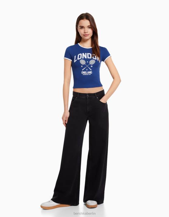 Marine Bershka unisex Kurzarm-T-Shirt mit Aufdruck H00J3737