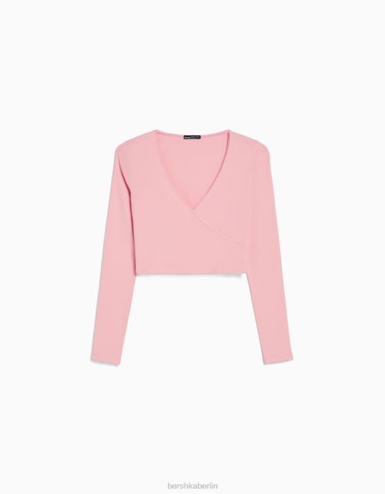 Rosa Bershka unisex Langarm-T-Shirt mit gekreuzten Ärmeln H00J3753
