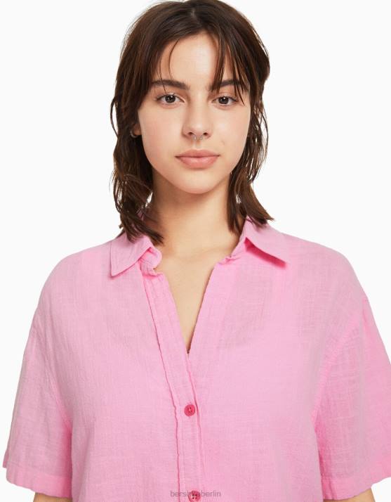 Rosa Bershka unisex Strukturiertes, rustikales Hemd mit kurzen Ärmeln H00J3796