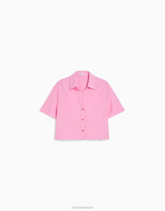 Rosa Bershka unisex Strukturiertes, rustikales Hemd mit kurzen Ärmeln H00J3796
