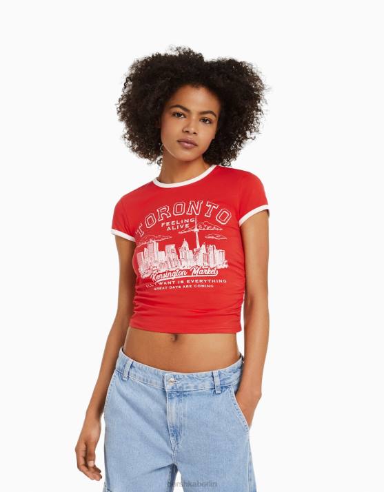 Rot Bershka unisex Bedrucktes, geripptes Kurzarm-T-Shirt H00J3811