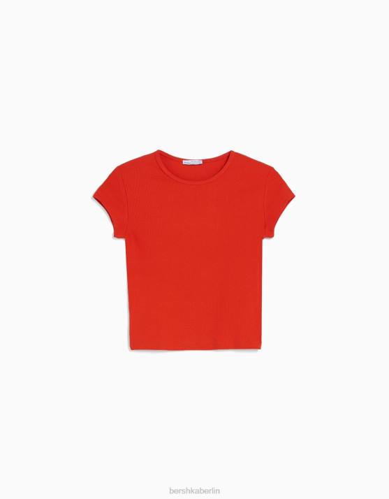 Rot Bershka unisex Geripptes Kurzarm-T-Shirt H00J3719
