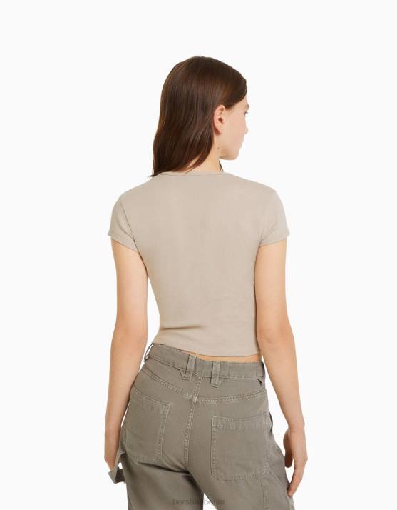 Sand Bershka unisex Geripptes Kurzarm-T-Shirt H00J3718