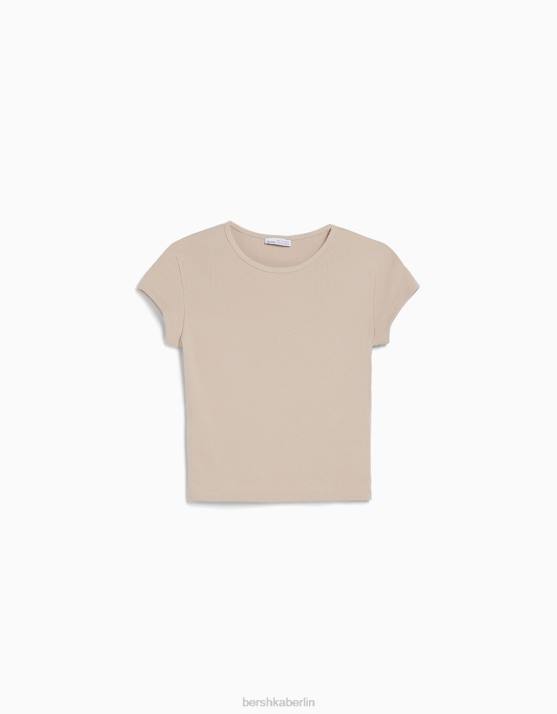 Sand Bershka unisex Geripptes Kurzarm-T-Shirt H00J3718