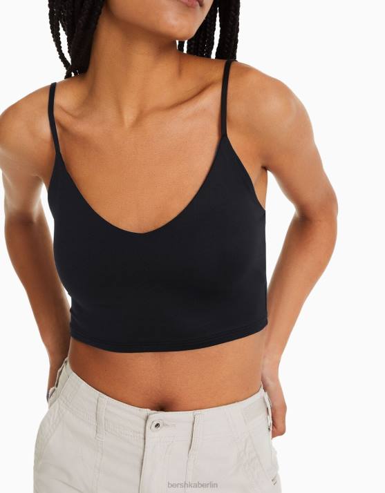 Schwarz Bershka unisex Crop-Top mit Trägern H00J3760