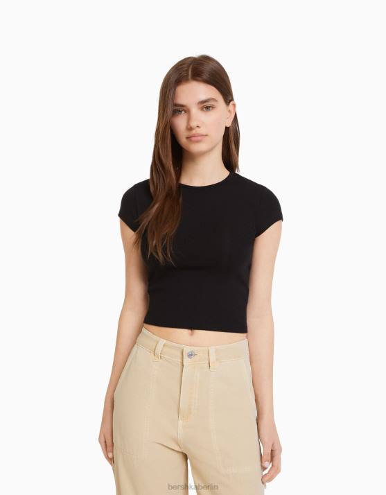 Schwarz Bershka unisex Geripptes Kurzarm-T-Shirt H00J3722