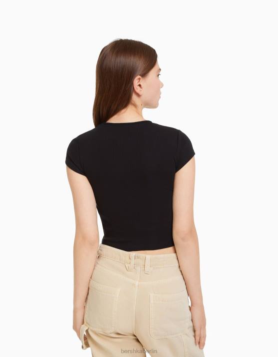Schwarz Bershka unisex Geripptes Kurzarm-T-Shirt H00J3722