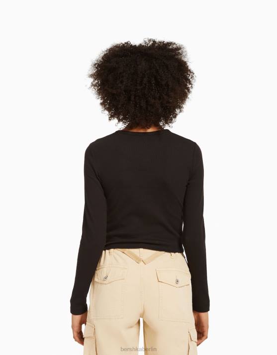 Schwarz Bershka unisex Geripptes Langarm-T-Shirt H00J3863