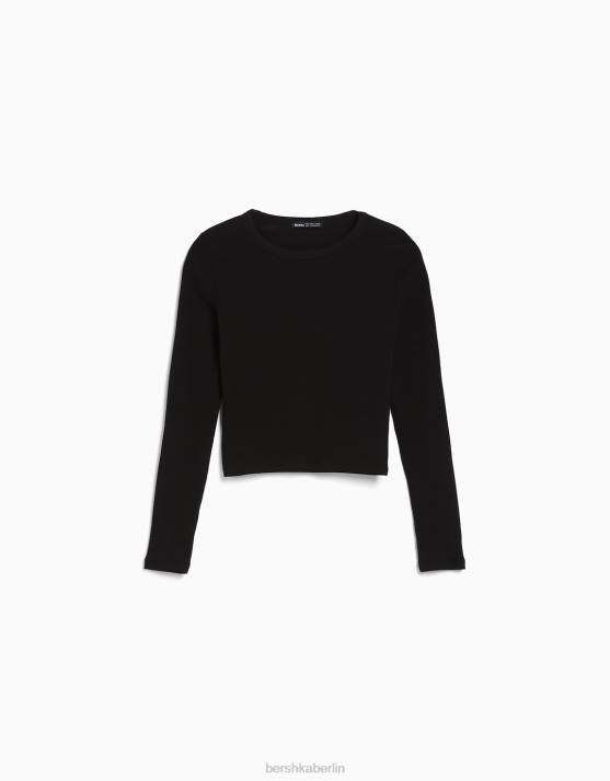Schwarz Bershka unisex Geripptes Langarm-T-Shirt H00J3863
